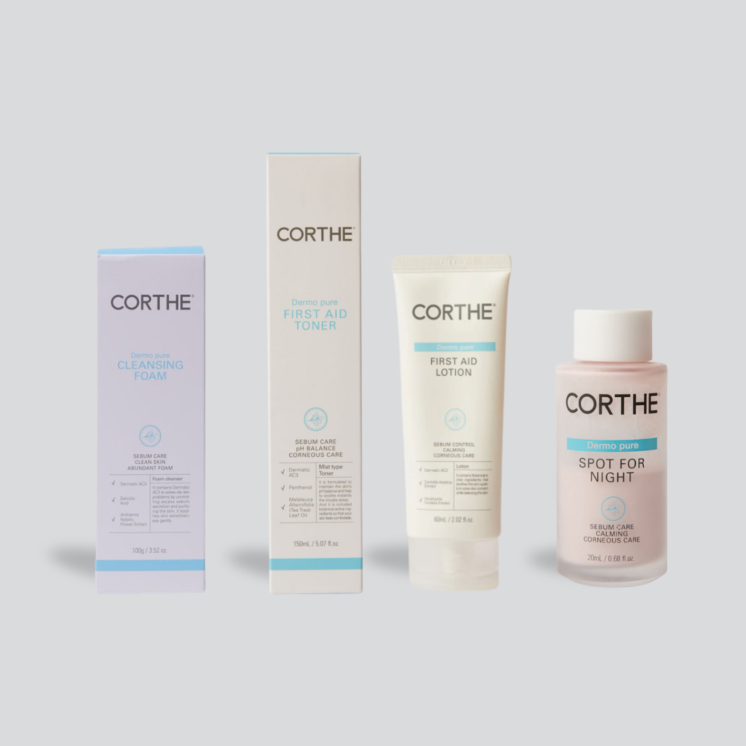 Corthe First Aid Korean Acne Skincare system with cleanser, toner, lotion, and acne spot treatment