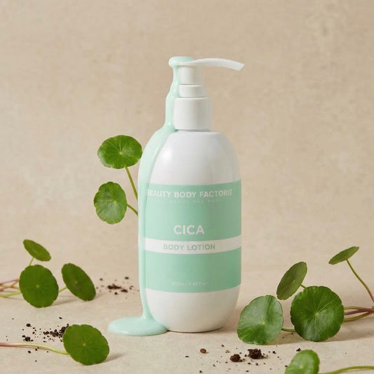 Beauty Body Factorie Cica Lotion featuring a Bioactive Complex of Asiaticoside and Madecassic Acid for intensive skin barrier healing.