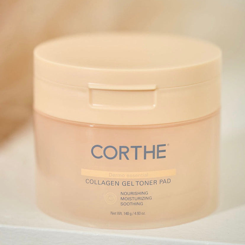 Corthe Collagen Gel Toner Pads with a cooling herringbone texture and 11,000 ppb marine collagen to visibly plump and firm dehydrated skin.