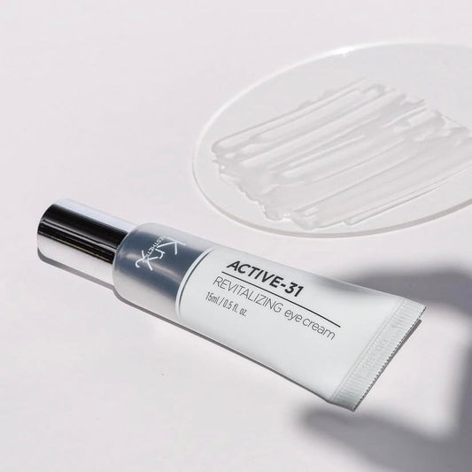 Clinical eye recovery: The KrX Active 31 Eye Cream, featuring Panax Ginseng and Niacinamide for orbital skin revitalization.