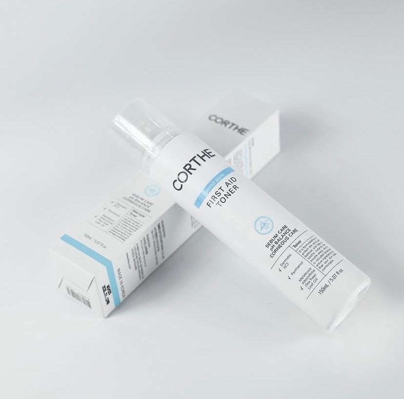 The alcohol-free Corthe First Aid Toner; a non-stripping Korean solution that solves post-wash dehydration while using Tea Tree and Japanese Cedar to detoxify the skin's pores.