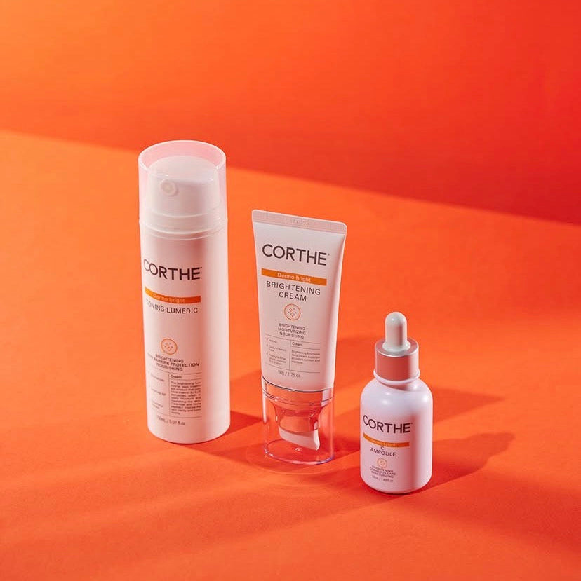 Luxe minimalist Korean skincare routine featuring Corthe clinical brightening system.