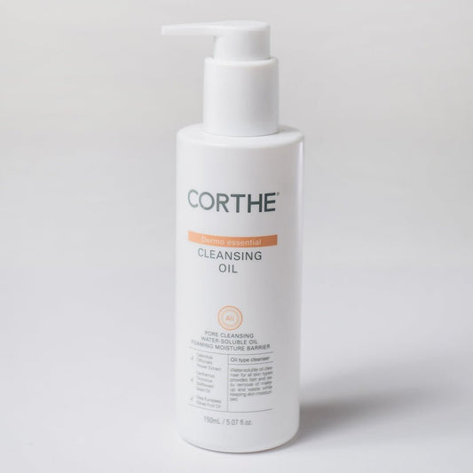 High-performance Korean cleansing oil by Corthe, featuring barrier-protective emollients to dissolve sebum and makeup without stripping moisture or causing redness in reactive skin.
