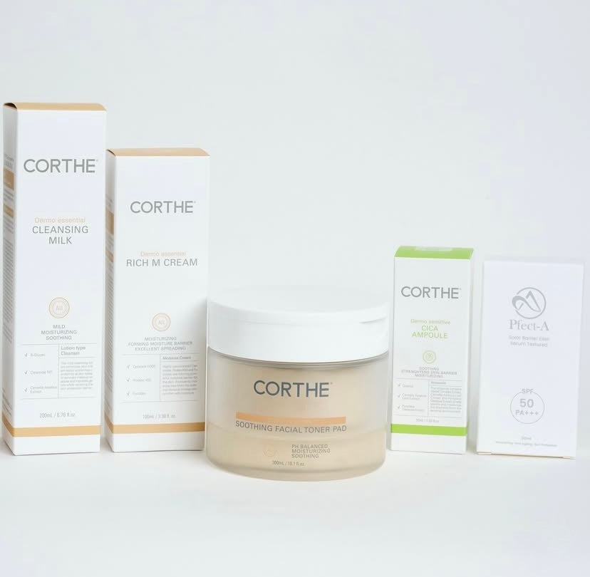 Skin Barrier Repair Kit five-step Korean barrier repair system with Corthe Cleansing Milk Soothing Toner Pads Cica Ampoule Rich M Cream and Pfect-A Solar Elixir SPF 50 for sensitive compromised and post-procedure skin
