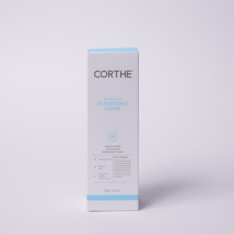 Clinical K-Beauty solution for oily and acne-prone skin: Corthe First Aid Cleansing Foam with Salicylic Acid to balance oil and prevent future breakouts.