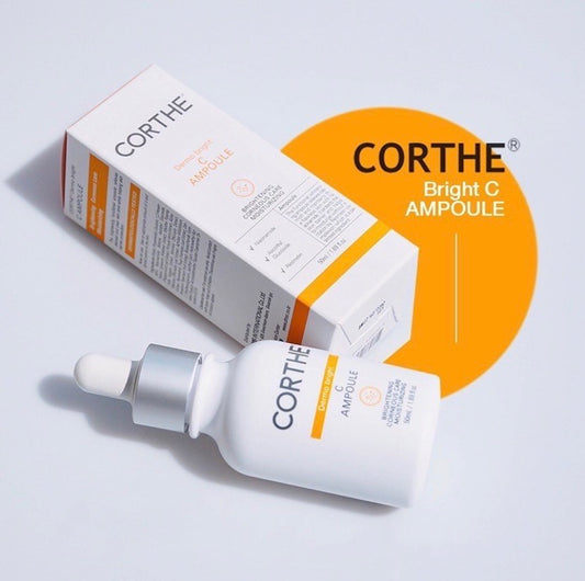 Korean brightening ampoule with Ascorbyl Glucoside and Resmelin to safely even skin tone and provide antioxidant protection.