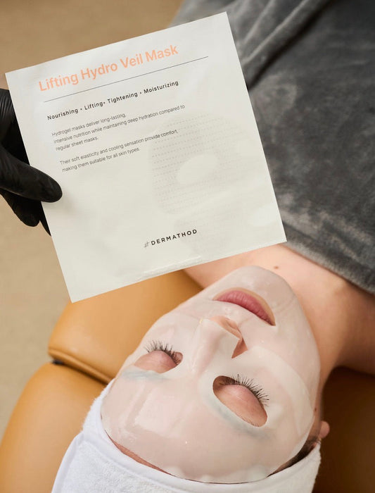 Close-up of the Dermathod Lifting Hydro Veil Mask texture, showing the micro-perforated collagen sheet that uses Pore Squeezing Technology™ to adhere seamlessly to the skin.