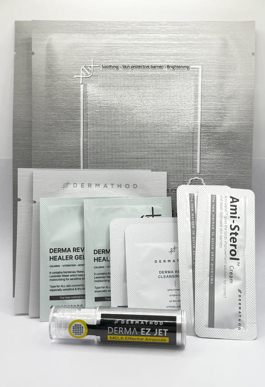Dermathod EZ Jet Mela Effector single ampoule with Priming Peel Pads Derma Revive Mask and Ami-Sterol Cream complete treatment protocol kit