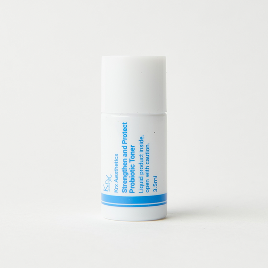 SAMPLE KrX Strengthen + Protect Probiotic Face Toner; a 3.5ml milky trial solution that solves the 'acne-dryness paradox' by delivering deep hydration while supporting a healthy skin microbiome.