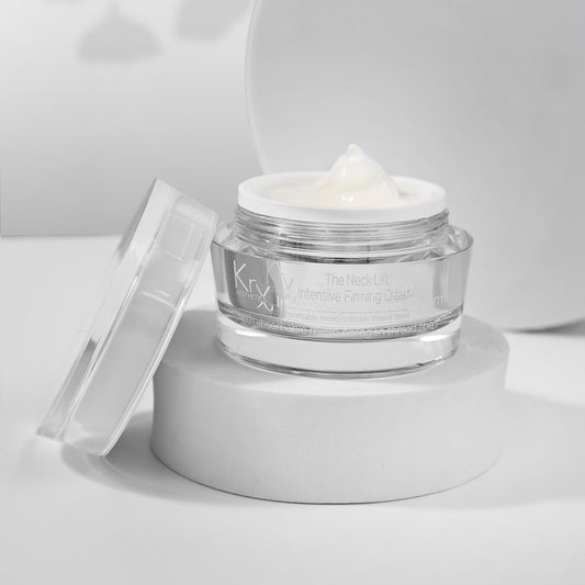 Dermatologist-recommended KrX Intensive Neck Lift Cream; a professional Korean formula designed to treat "tech neck," crepey texture, and loss of density below the jawline.
