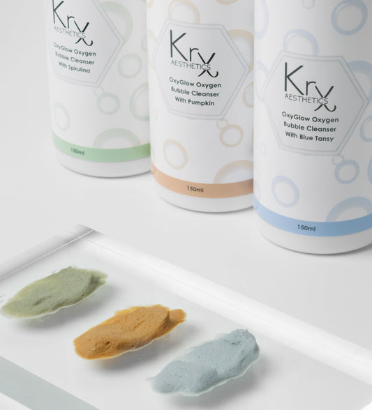 KrX Bubble Cleanser System for AM and PM; a customized solution that solves "imbalanced cleansing" by using the brightening Pumpkin formula to revive the skin in the morning and the purifying Spirulina formula for a deep evening detox.