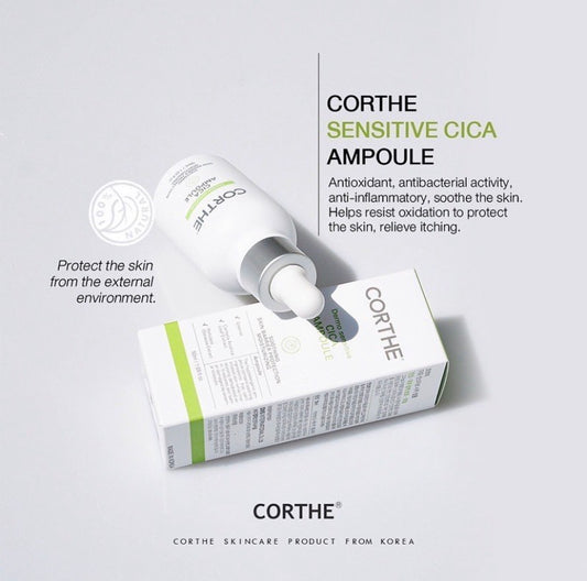Clinical presentation of the Corthe Korean Cica Ampoule, highlighting its botanically-driven formula designed to stabilize the microbiome and restore skin resilience.