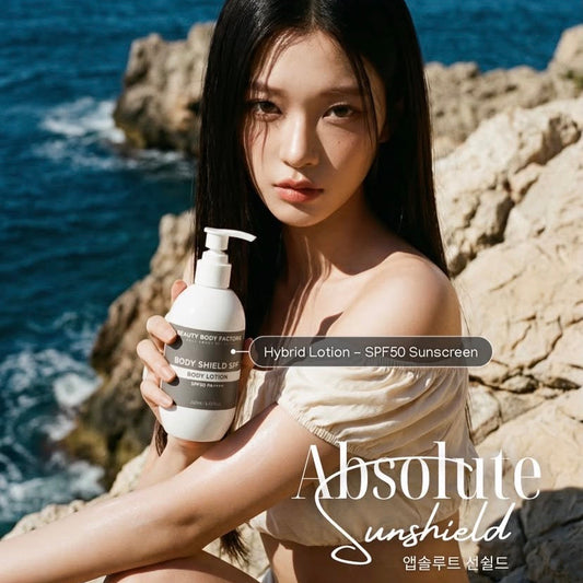 The silky, fast-absorbing texture of Beauty Body Factorie Body Shield; a non-greasy K-Beauty formula that hydrates with 8-form Hyaluronic Acid while protecting the skin barrier.