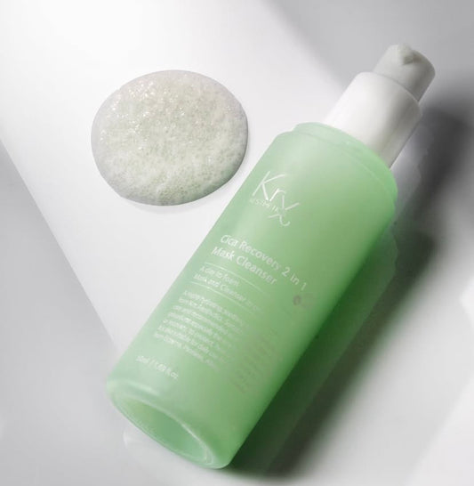 Close-up of the KrX Cica Recovery 2-in-1 Mask Cleanser showing the oxygenating bubble technology that gently detoxifies sensitive skin without stripping the moisture barrier.