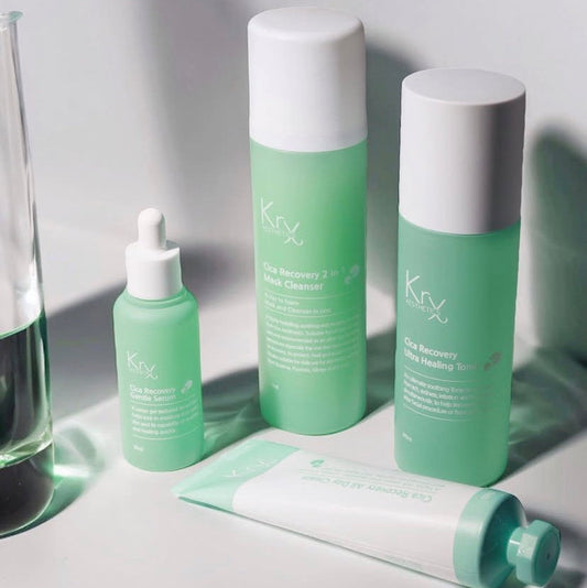 Showcasing the oversized professional bottles in the KrX Cica Recovery Kit, providing more product than standard retail kits to ensure a complete healing cycle.