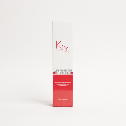 KrX Clear + Prevent Anti Acne Face Toner in a clinical pump bottle; Korean a liquid-exfoliant solution that solves "trapped impurities" using lipophilic LHA to dissolve oil and debris inside the pores for a refined, clear skin texture.