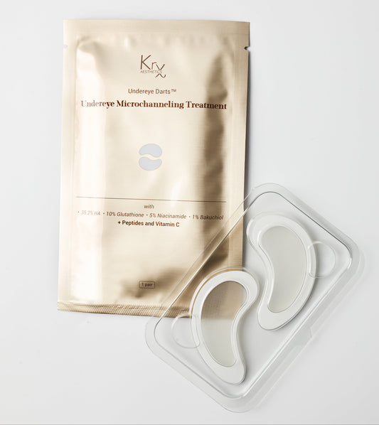 Ingredient highlight of KrX Korean Undereye Darts featuring 10% Glutathione and 5% Niacinamide; a brightening solution that solves "stubborn dark circles" by delivering high-potency antioxidants directly into the skin to neutralize discoloration.