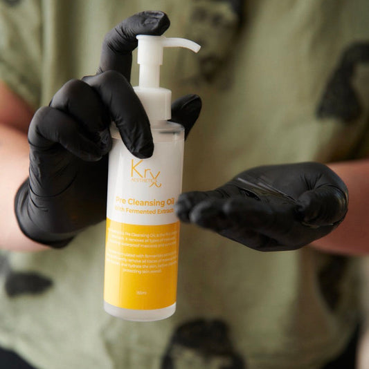 KrX Pre Cleansing Oil featuring fermented Candida Bombicola; a probiotic solution that balances the skin microbiome while removing waterproof SPF and long-wear makeup.