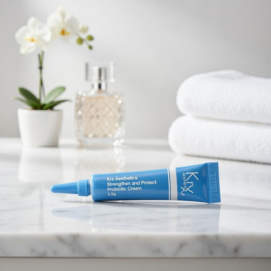 Cica-infused KrX Probiotic Moisturizer being applied to reactive skin; a soothing solution that solves inflammatory heat and sensitivity by rebuilding healthy skin flora.