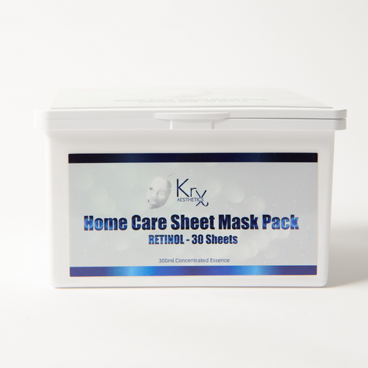 KrX Retinol Home Care Masks, a professional Korean anti-aging treatment featuring Retinyl Palmitate and Centella Asiatica for gentle collagen renewal without irritation.