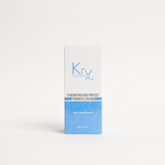 Full-size 50g KrX Strengthen + Protect Probiotic Face Cream; a microbiome-supporting Korean moisturizer solution that solves skin barrier damage and chronic redness with a non-comedogenic formula.