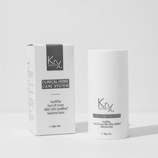 Massaging KrX Youthplex Cream into deep expression lines; a neuro-relaxant peptide solution that solves 'etched-in' forehead wrinkles by softening the muscle-to-skin tension through daily Argireline infusion.