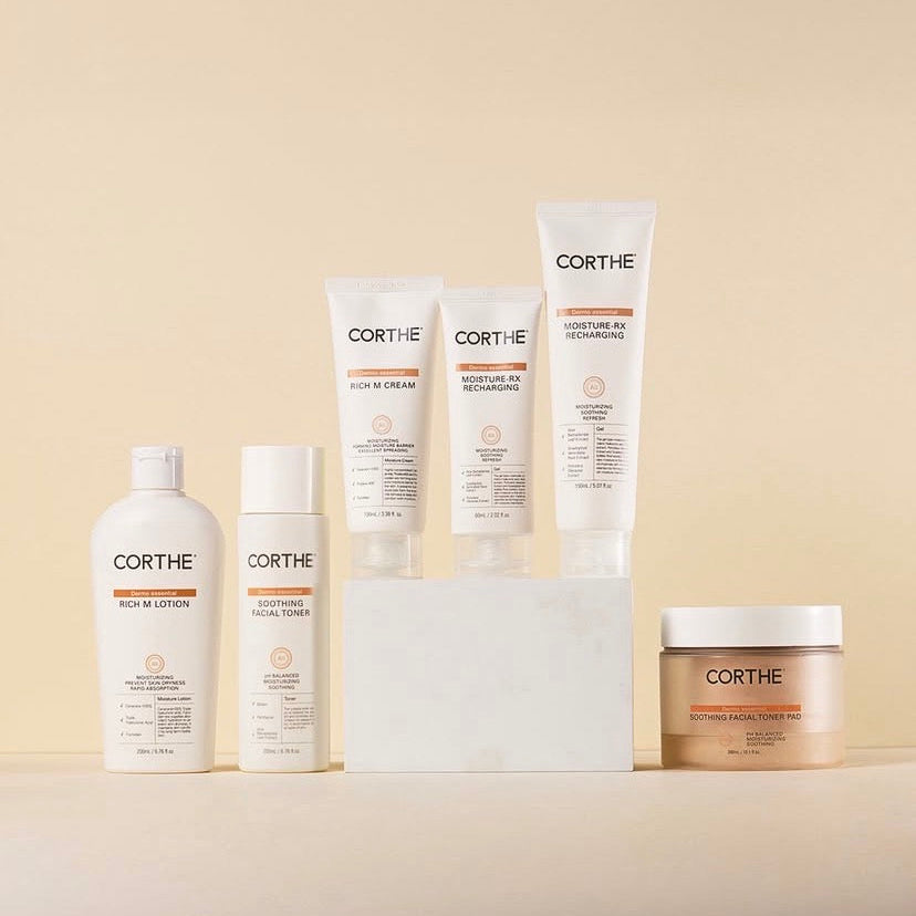 A curated collection of professional Corthe skincare, a medical-grade Korean regimen designed to restore and protect the most sensitive, post-treatment skin.