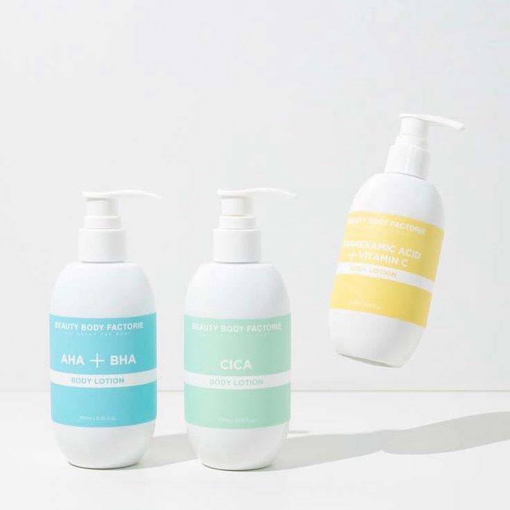 Vitamin-enriched body brightening and smoothing Korean body care bundle; featuring high-purity botanical extracts and clinical acids to revitalize dull, tired skin from neck to toe.