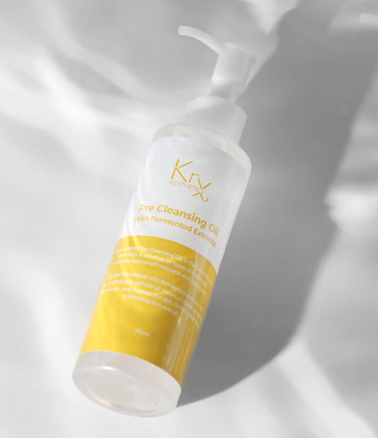 KrX Pre Cleansing Oil with Fermented Extracts; the essential first step to achieve Korean glass skin by removing dulling impurities and SPF without stripping the barrier.