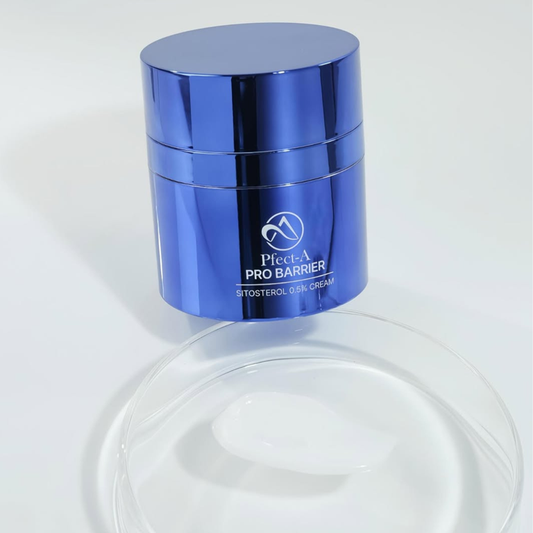 Clinical K-Beauty barrier repair cream by Pfect-A, featuring 0.5% β-Sitosterol to calm facial redness and restore compromised skin barriers for a resilient, luminous finish.