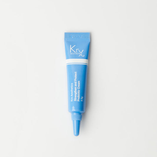 A 3.5g SAMPLE KrX Strengthen + Protect Probiotic Face Cream tube; an acne-safe trial solution that solves 'new product anxiety' by allowing a patch test of this microbiome-friendly, non-comedogenic formula