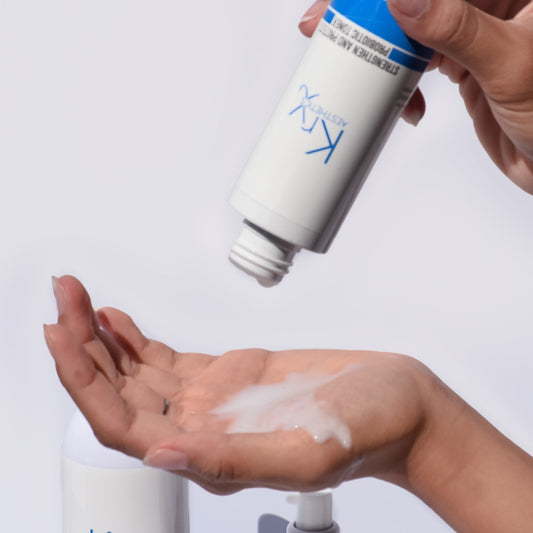 Close-up of the opaque, milky texture of KrX Korean Probiotic Toner; a silky hydrating solution that solves the problem of watery toners that leave skin feeling tight or unprotected.