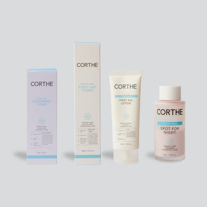 Corthe First Aid Korean Acne Skincare system with cleanser, toner, lotion, and acne spot treatment