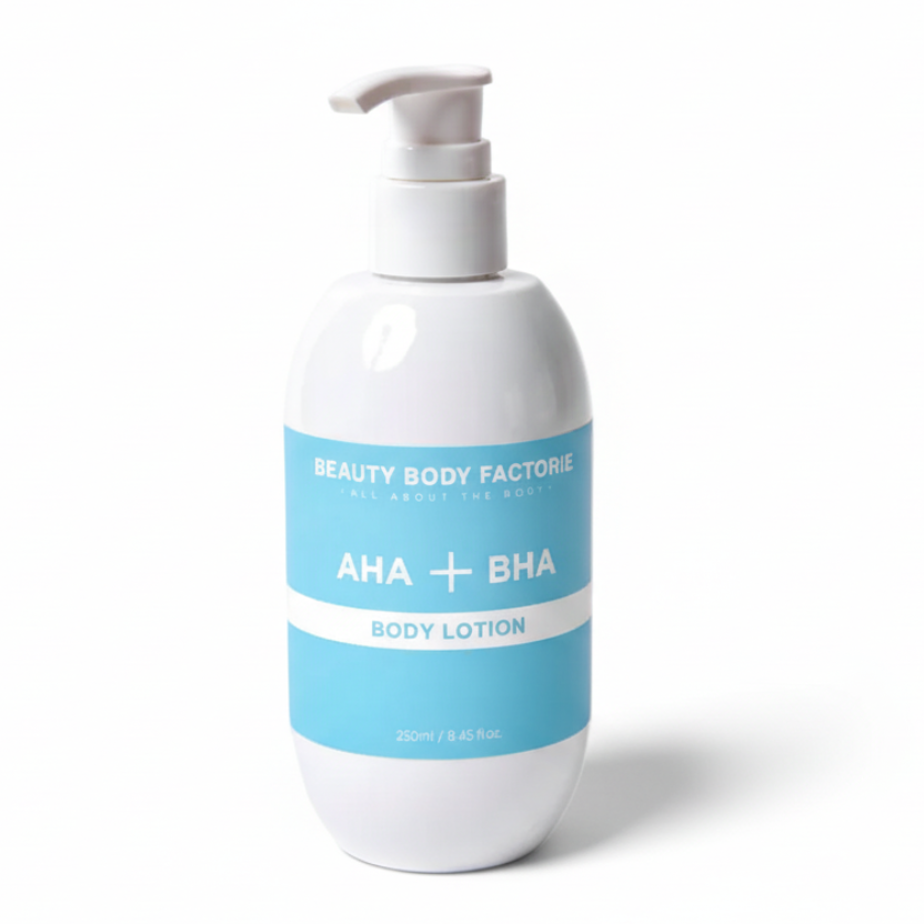 Beauty Body Factorie AHA + BHA Body Lotion — A professional-grade exfoliating body treatment formulated to smooth Keratosis Pilaris (KP) and rough skin bumps with a clinical acid blend.
