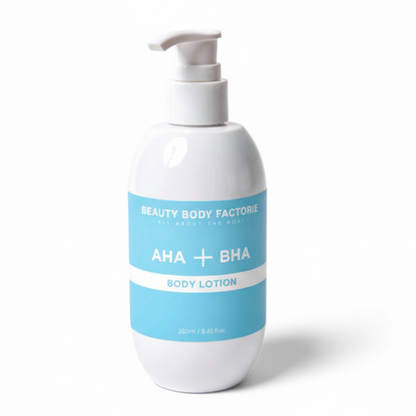 Beauty Body Factorie AHA + BHA Body Lotion — A professional-grade exfoliating body treatment formulated to smooth Keratosis Pilaris (KP) and rough skin bumps with a clinical acid blend.
