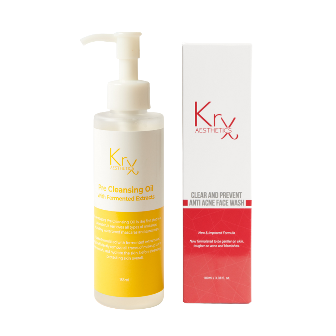 KrX Acne Double Cleanse Duo featuring Pre-Cleansing Oil and Clear + Prevent Face Wash; a professional Korean skincare solution that solves deep-pore congestion and stubborn SPF/makeup buildup without stripping dry or sensitive skin.