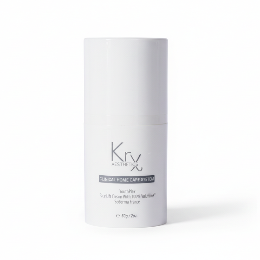 KrX Youthplex Face Lift Cream with Volufiline; a volumizing solution that solves "facial hollowing" by stimulating lipid storage to restore youthful fullness to the cheeks and under-eye area.