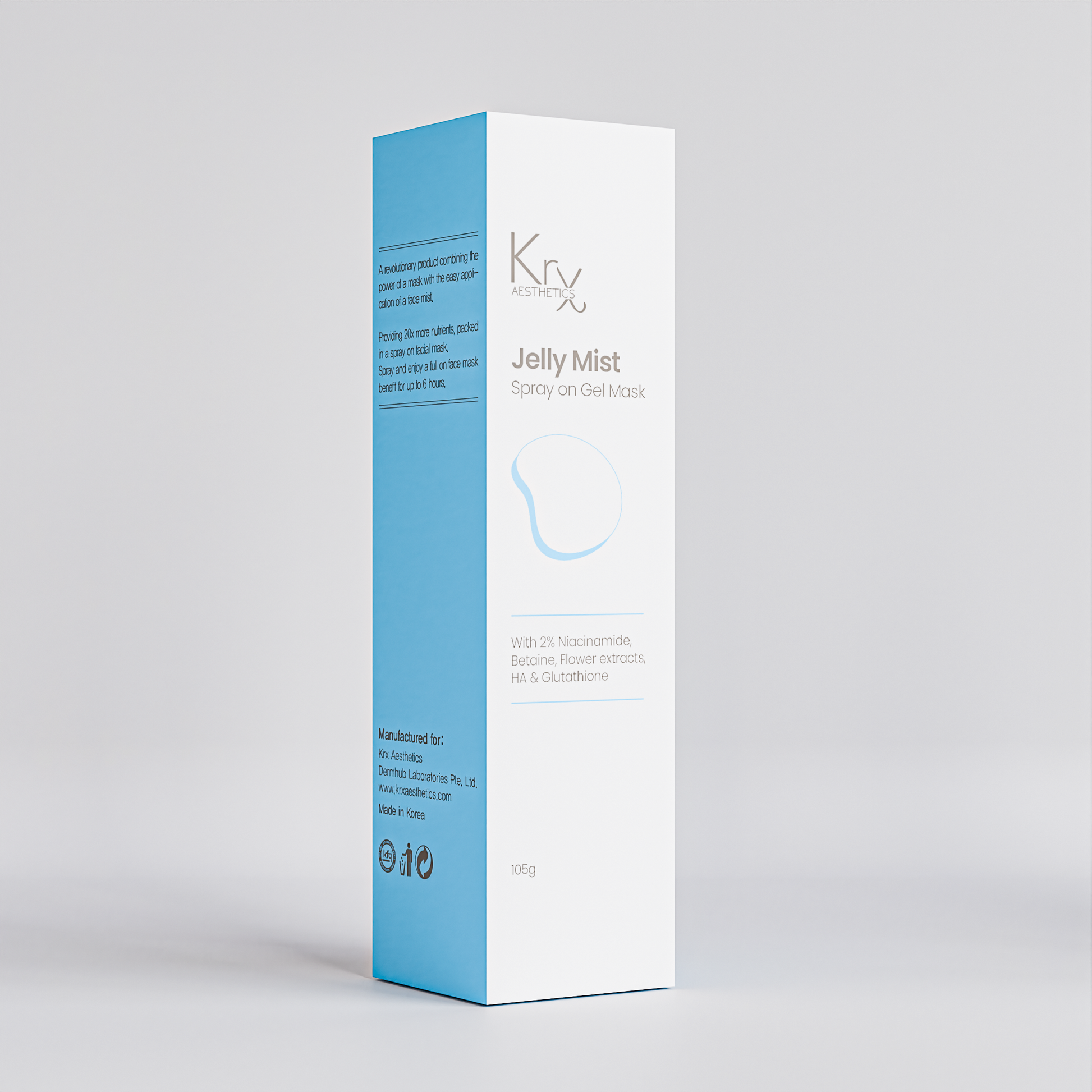 KrX Aesthetics Jelly Mist featuring Ginseng Flower Ferment and Glutathione to revitalize dull skin and provide antioxidant protection in a unique, non-sticky gel-mist texture.
