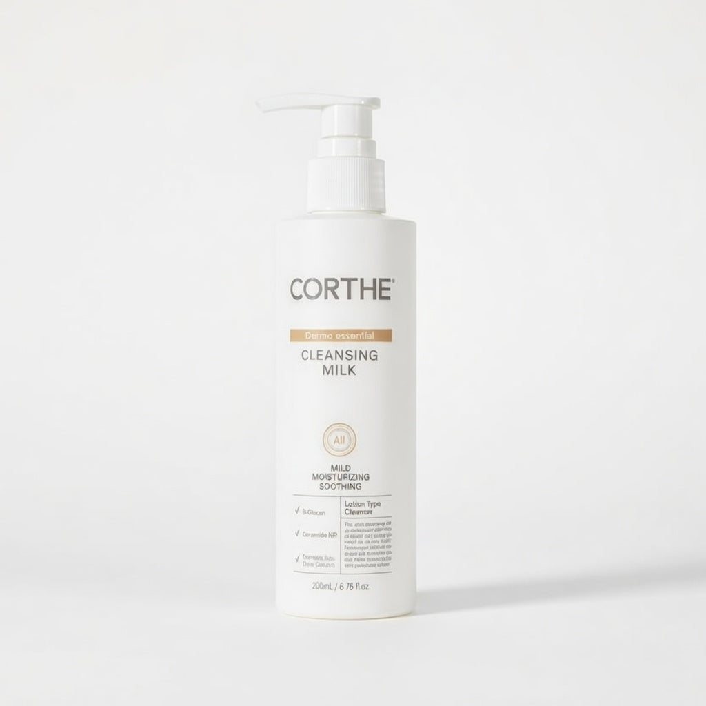 Corthe Dermo Essential Cleansing Milk – A non-foaming, professional Korean cleanser that removes SPF while repairing the skin barrier with Ceramide NP.