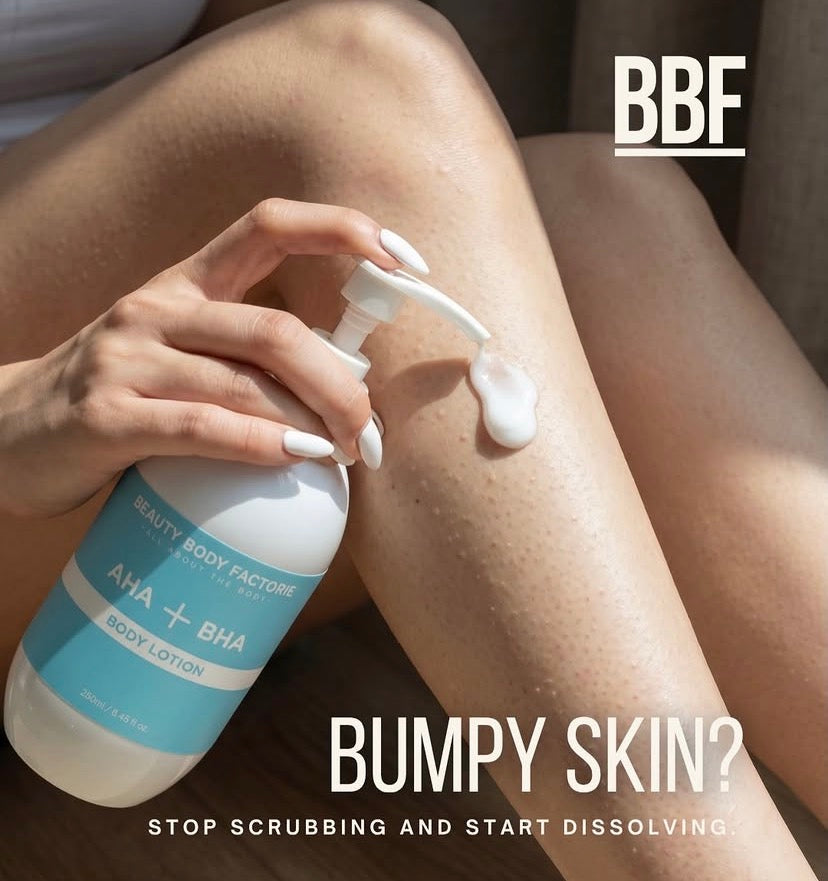 Lightweight non-greasy texture of AHA BHA Korean body lotion being applied to skin to treat rough bumps and Keratosis Pilaris.