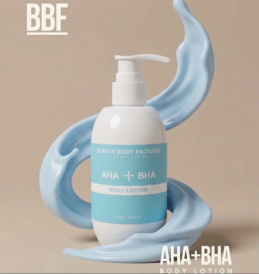 Beauty Body Factorie AHA + BHA Body Lotion in a 250ml white pump bottle, a Korean exfoliating treatment for smooth skin.