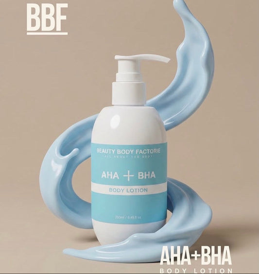 Beauty Body Factorie AHA + BHA Body Lotion in a 250ml white pump bottle, a Korean exfoliating treatment for smooth skin.