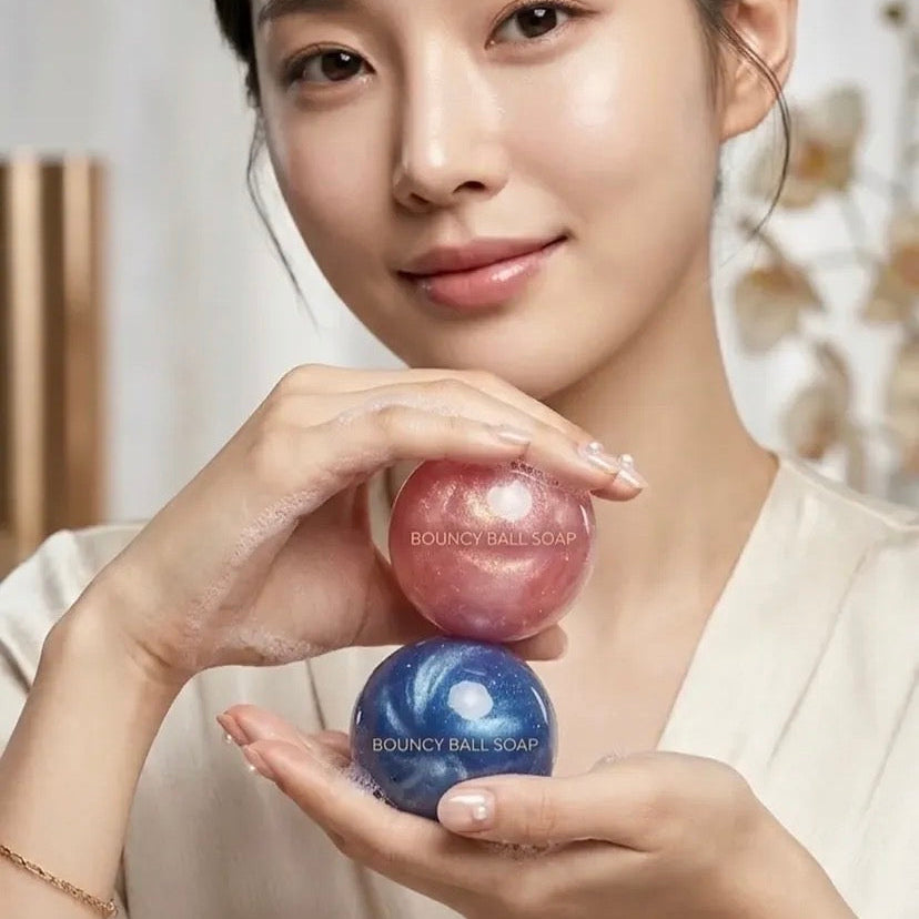 Handheld Azulene and PDRN Bouncy Ball Soaps; specialized Korean body treatments for sensitive and aging skin.