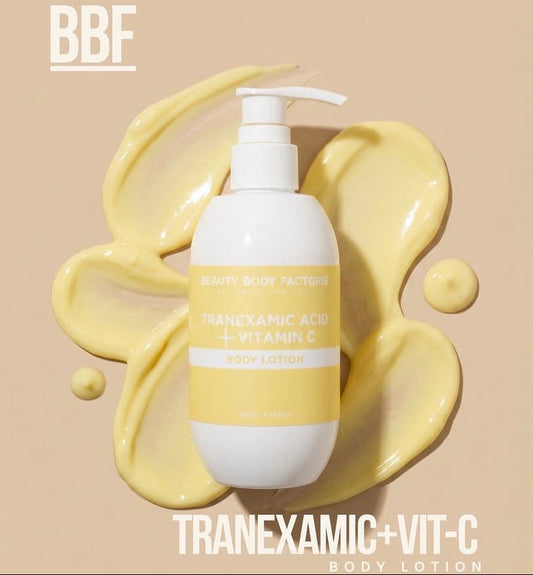 Beauty Body Factorie Tranexamic Acid + Vitamin C Body Lotion (250ml) for fading hyperpigmentation and brightening uneven body skin tone.