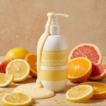 Silky brightening Korean body lotion with Vitamin C and Glutathione to restore radiance and luminosity to dull, sun-damaged skin.