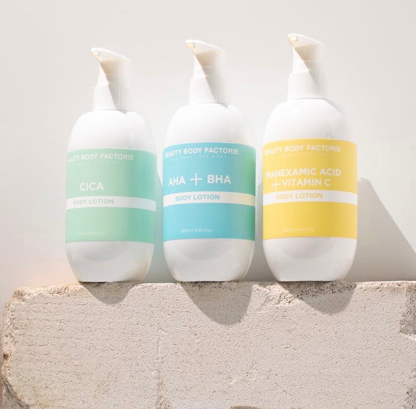 Beauty Body Factorie Cica Body Lotion; a soothing, dermatologist-grade moisturizer for sensitive and reactive skin barriers, included in the full body recovery bundle.
