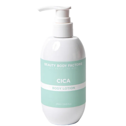 Beauty Body Factorie Cica Body Lotion — A professional Korean body moisturizer in a 250ml pump bottle, formulated with Centella Asiatica for intensive barrier repair and redness relief.
