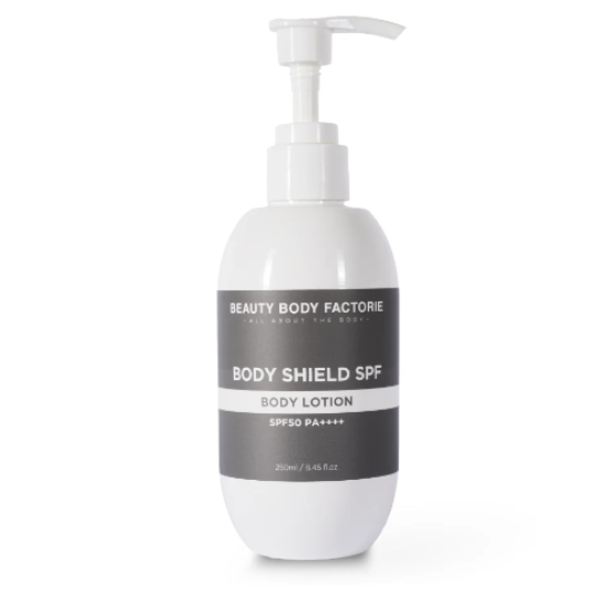 Beauty Body Factorie Body Shield SPF 50 PA++++ — A professional 250ml Korean body sunscreen in a pump bottle, offering maximum UVA/UVB protection with a weightless, lotion-like feel.