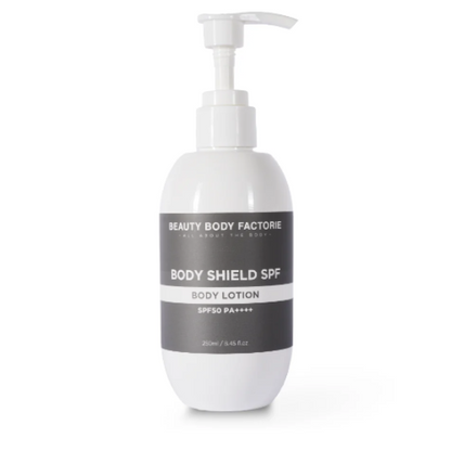 Beauty Body Factorie Body Shield SPF 50 PA++++ — A professional 250ml Korean body sunscreen in a pump bottle, offering maximum UVA/UVB protection with a weightless, lotion-like feel.
