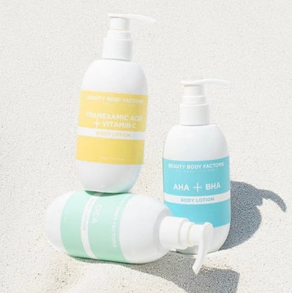 Professional Korean body treatment set by Beauty Body Factorie; facial-grade body lotions designed to treat Keratosis Pilaris (KP), redness, and uneven skin tone.